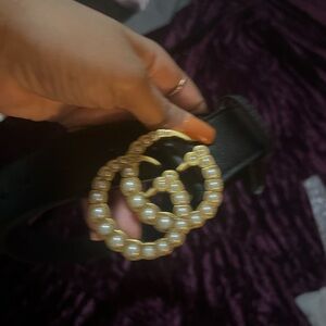 Elegant Gucci Black Belt with Pearl-Embellished Buckle